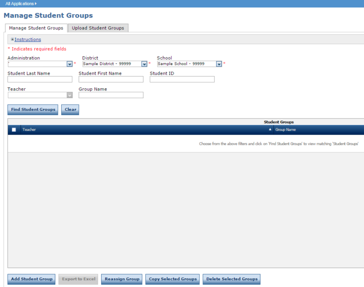 Manage Student Groups Screen